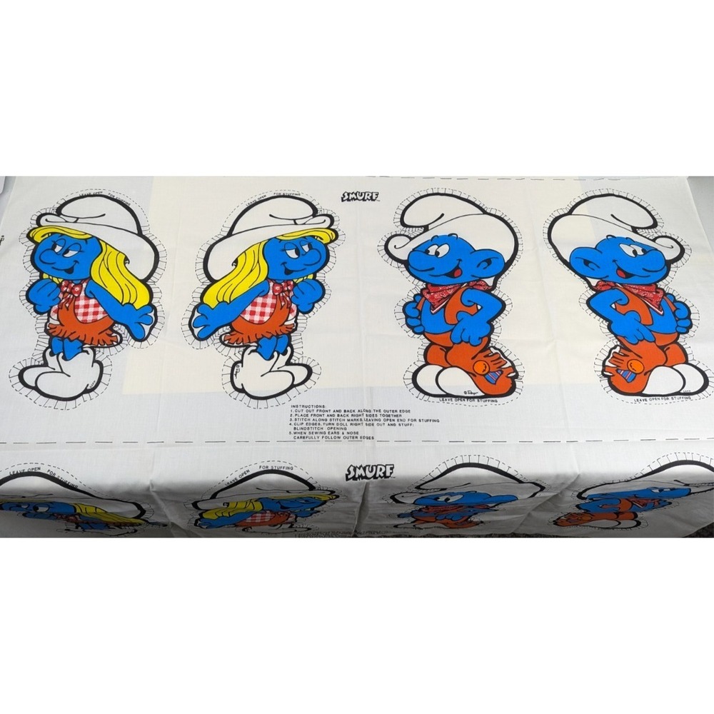 Vtg 1982 Smurf & Smurfette Western Cowboy Cut Sew Fabric Panel Pillow Doll Uncut